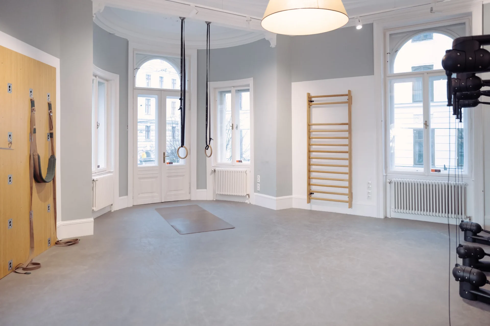 EVO Fitness Berggasse area for bodyweight and mobility work with gymnastic rings, wall bars, and mobility straps