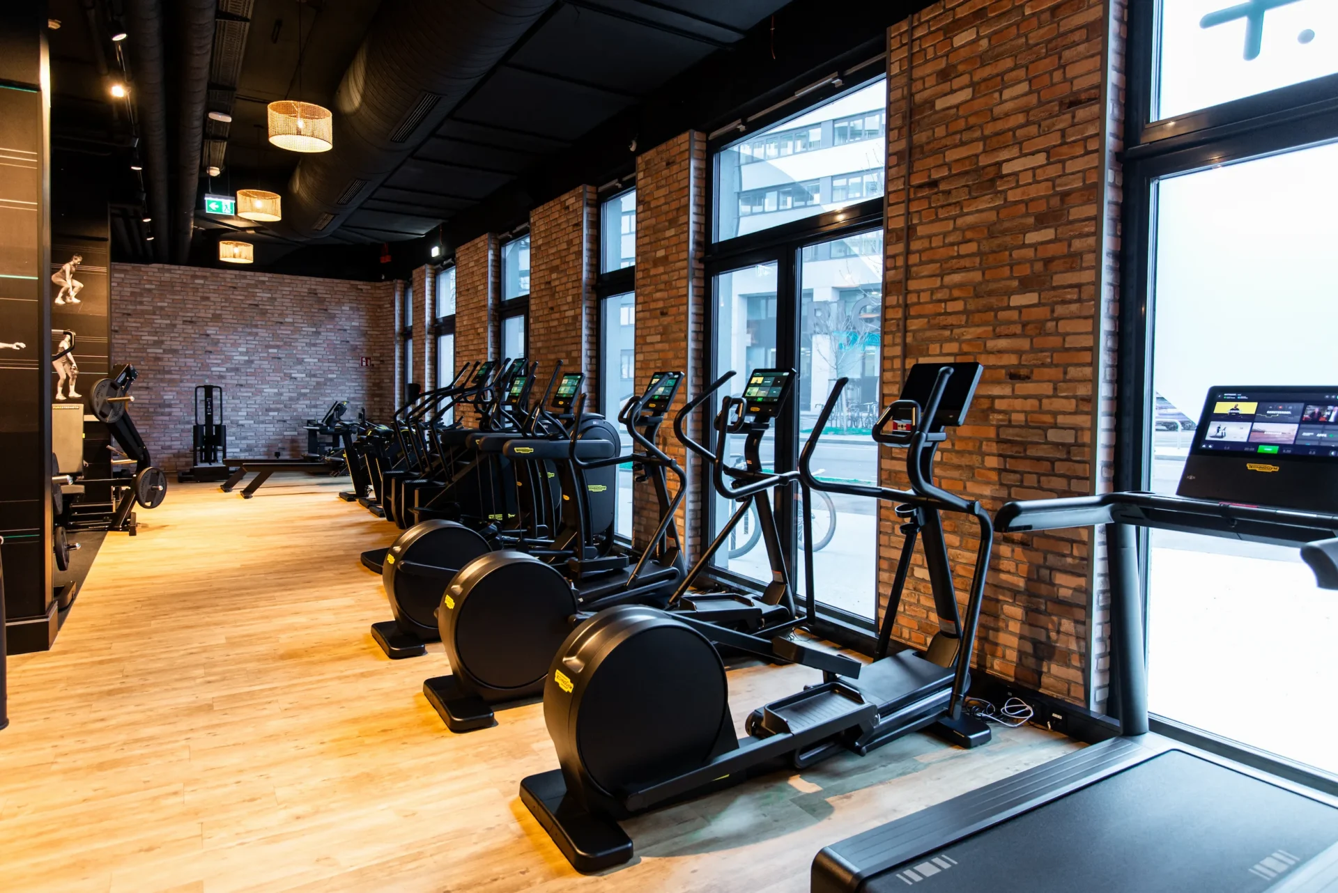 Row of cardio machines by large windows and brick walls at EVO Fitness Schleifmühlgasse