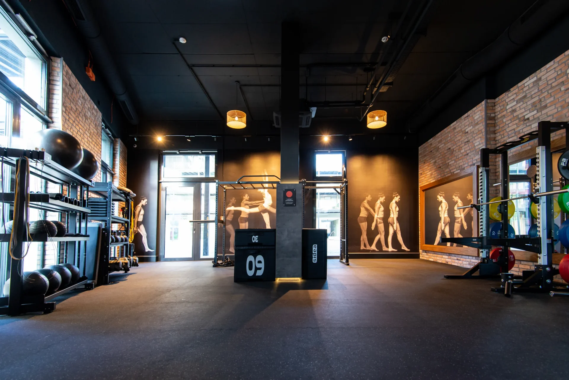 Functional gym area with wall art and monkey bars setup