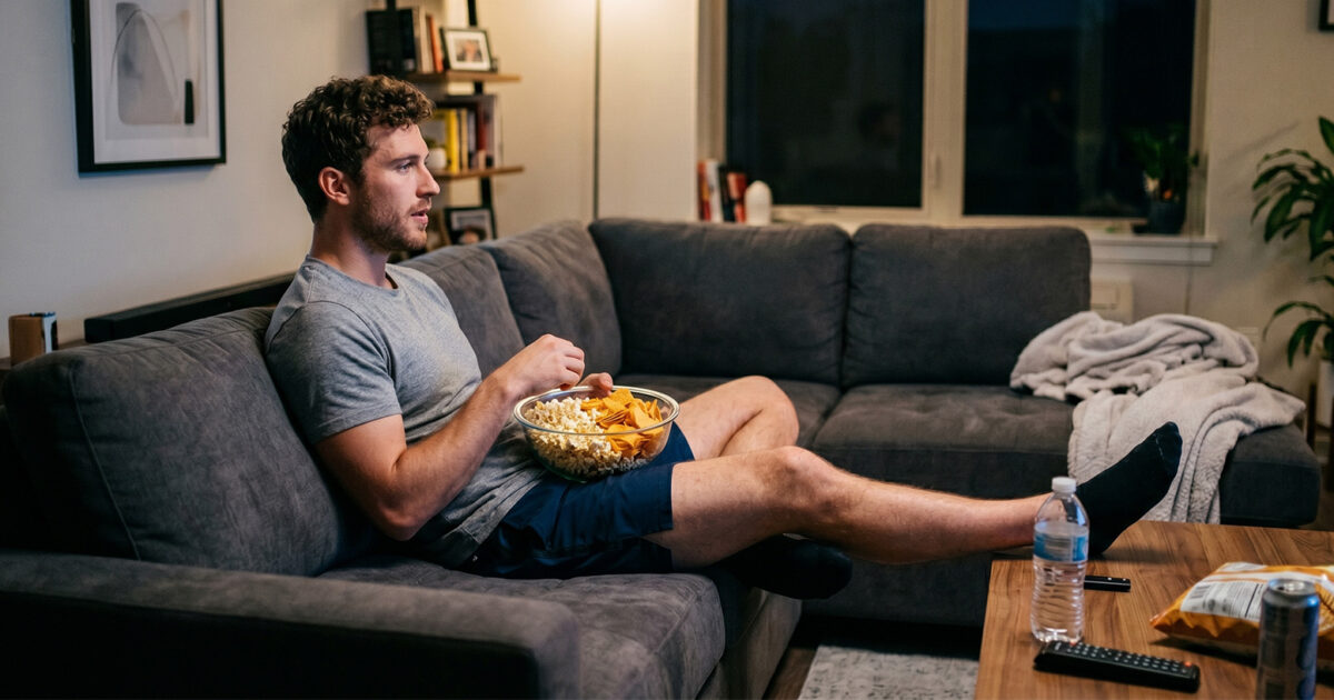 "Does eating while watching TV make you overeat? - Man relaxing on sofa eating popcorn and chips while watching TV at home with drinks and snacks on table "