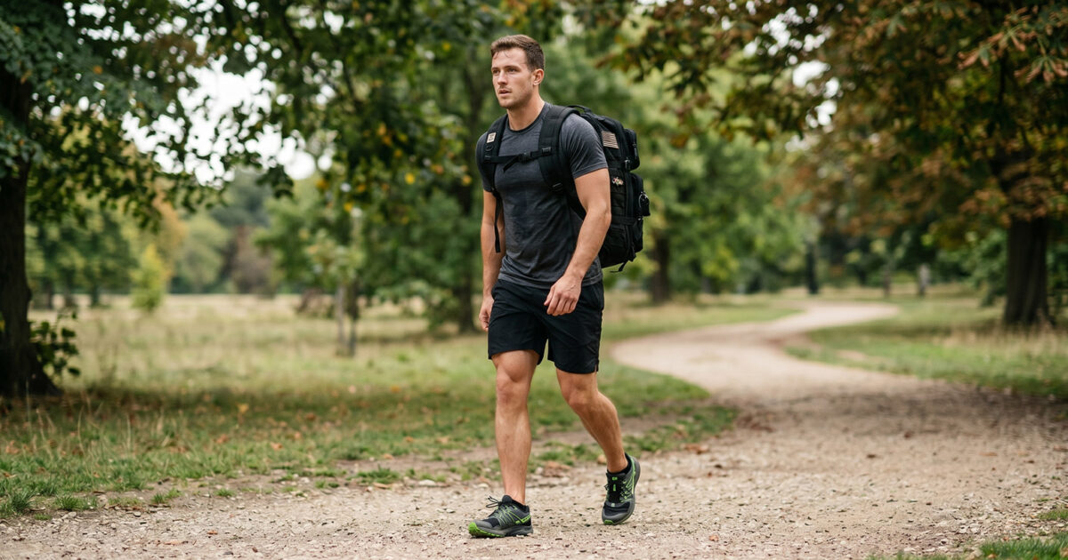 What is Rucking? Here’s all you need to know - Man hiking on forest trail with backpack in nature