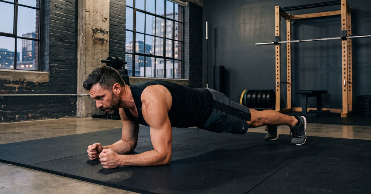 The 5-5-5-30 Rule: why everyone’s trying it - Man holding plank position on forearms on gym mat in industrial-style fitness studio
