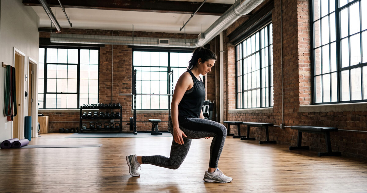Fitness to go: Bodyweight-Übungen für den Sommerurlaub - Frau macht Ausfallschritte nach vorne in einem hellen Fitnessstudio mit Holzboden