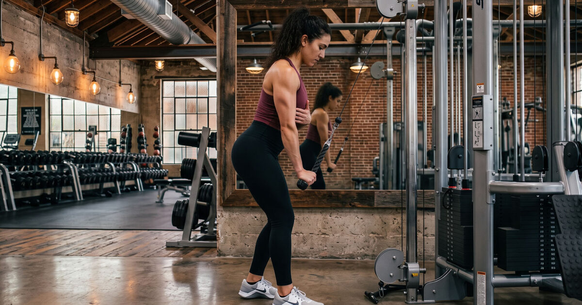 Die besten Muskelgruppen, die du zusammen trainieren kannst - Frau führt Kabel-Trizepsdrücken in modernem Fitnessstudio mit Kraftgeräten und Spiegel im Hintergrund aus