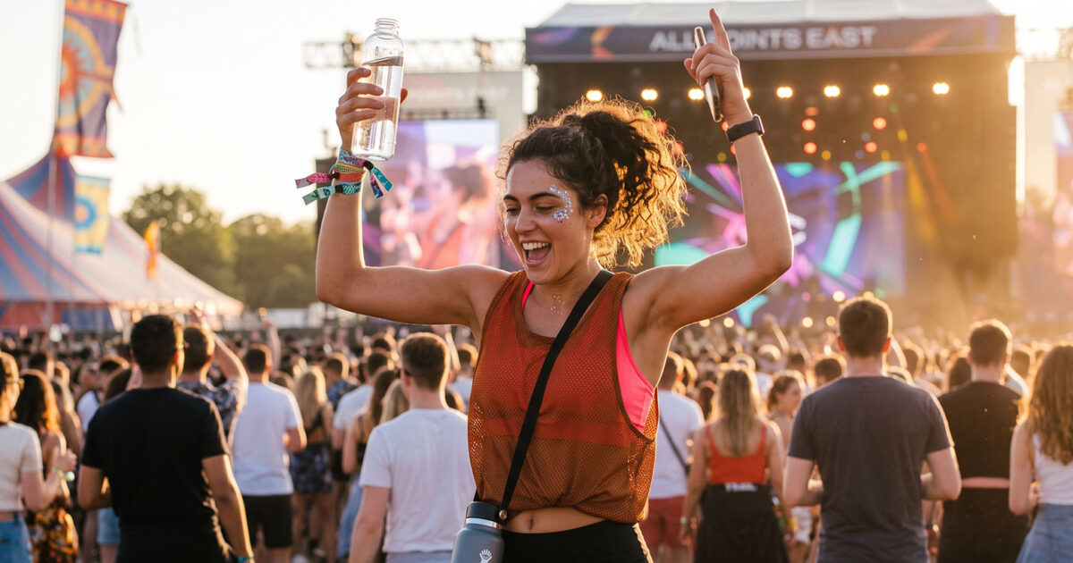 Woman dancing in a crowd at an outdoor music festival.