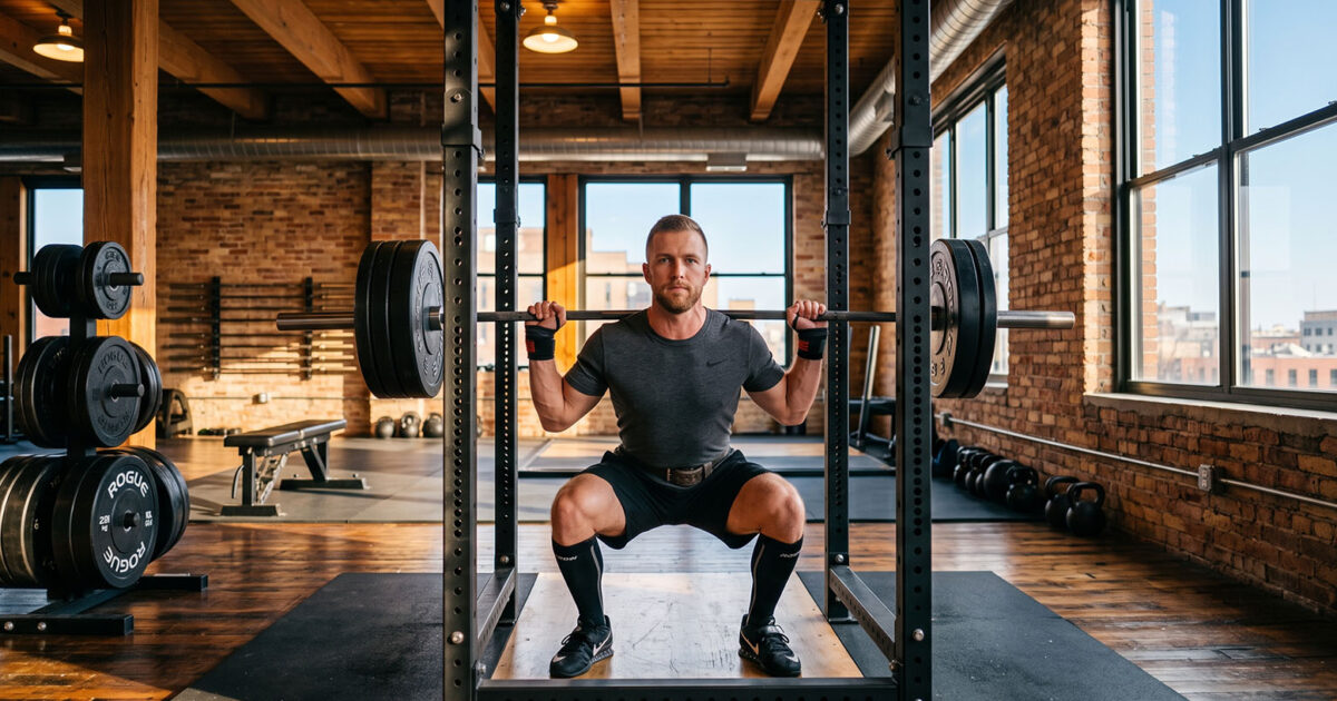 Man performing a weighted barbell squat during a strength workout.