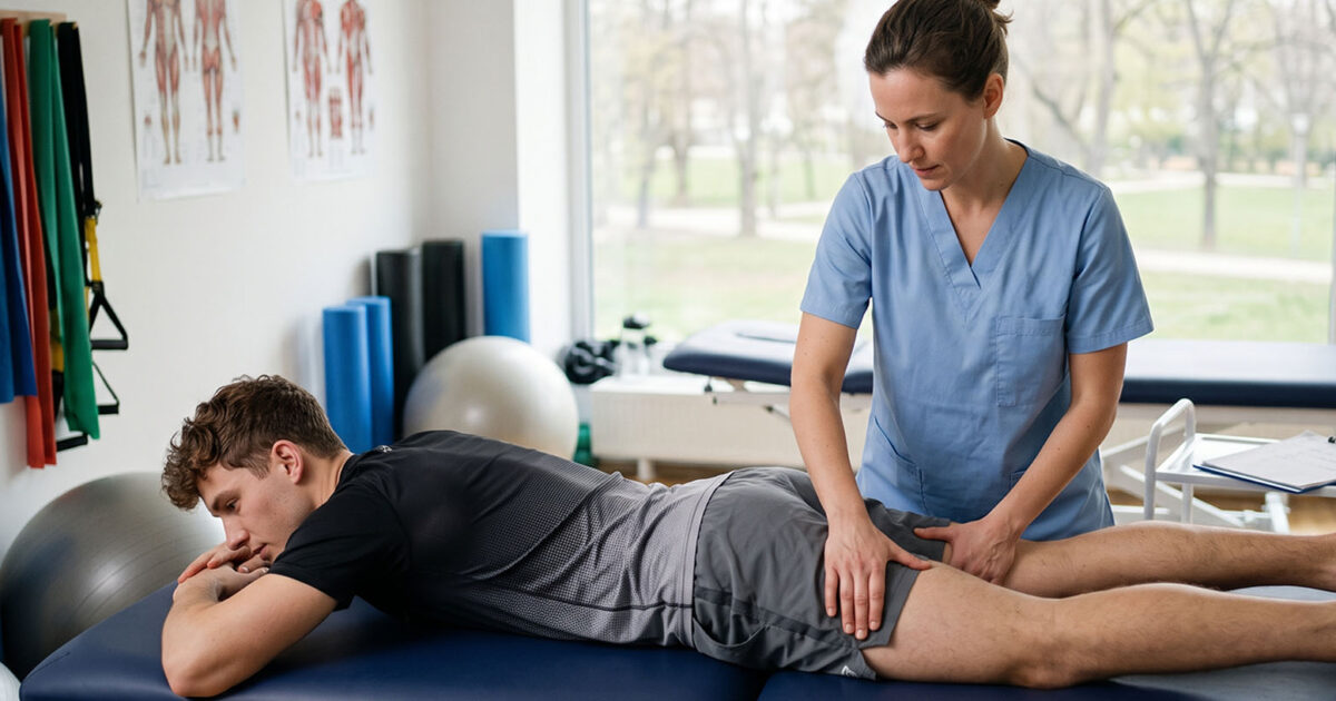 Physiotherapeut behandelt das Bein eines Mannes während einer Physiotherapie-Sitzung.